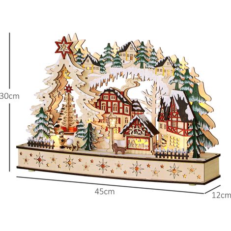 Village de Noël féerique, illuminé par 20 LED, en bois naturel multicouche, 45 x 12 x 30 cm (1/5)