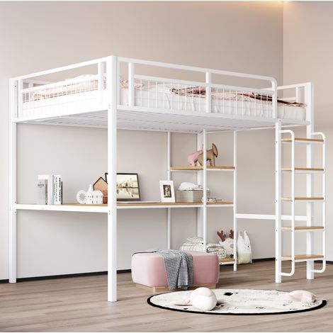 Cama alta de metal blanca 140x200 cm con escritorio, estanterías integradas y somier incluido (1/5)