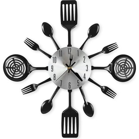 Grandes relojes de pared de cocina de 40 cm con cucharas y tenedores, excelente decoración para el hogar y bonitos regalos, color negro. (1/5)