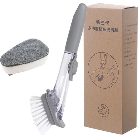 Brosse à vaisselle distributeur de savon, manche long et conception hydraulique polyvalente, idéale pour la cuisine. (1/4)