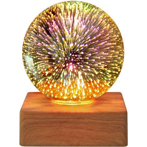 Veilleuse LED Boule de Cristal 3D, Veilleuse Feu d'Artifice LED, Lampe de Bureau Romantique, Boule de Verre Cristal Magique, Lampe Décorative avec Socle Bois