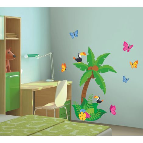 Lot de 2 Stickers Autocollants Décoratifs Animaux Jungle Palmier Fleuri Oiseaux Papillons, 68x48cm - Décoration Murale Intérieure (1/2)