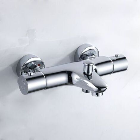 Thermostat-Badarmatur, thermostatische Duscharmatur aus Kupfer, Badewannenarmatur mit 38°C-Sicherheitsstopp, wandmontierte Duscharmatur mit zwei Auslässen, 150 mm Mittenabstand, silber (1/4)
