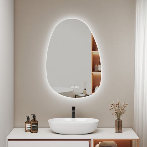 EMKE LED Badezimmerspiegel 45x65cm Kieselsteinform Wandspiegel 3 Lichtfarben Dimmbar Anti Fog Touch Schalter Auto Off