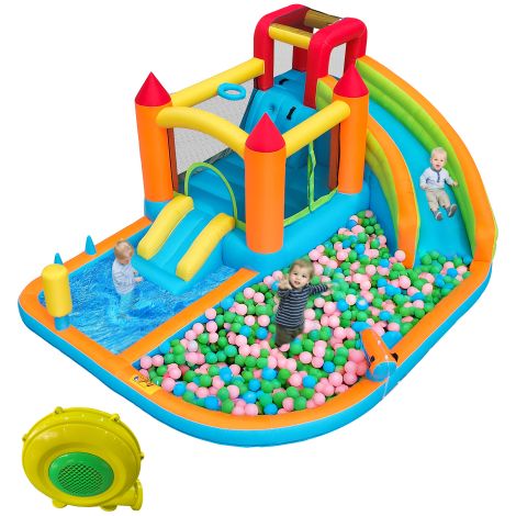 Château gonflable avec souffleur - trampoline, panier de basket et pistolet à eau - 2 piscines et 2 toboggans