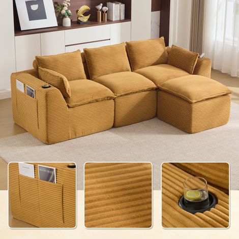 Canapé 3 places modulable avec repose-pieds, tissu velours côtelé , rembourrage mousse et ressorts, porte-gobelets - orange (1/5)