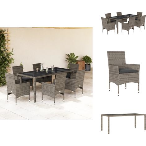 Ensemble à manger de jardin et coussins 7 pcs gris rotin verre - Meubles De Jardin - Salon De Jardin - Set De Jardin - Mobilier D'extérieur - Table De Jardin (1/5)