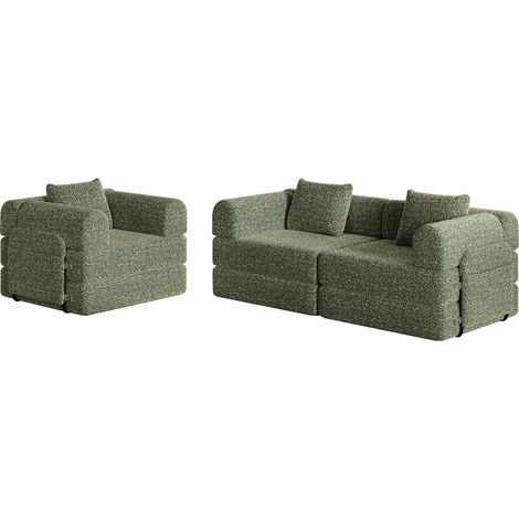 Sofá cama de chenilla 2 en 1 con compartimento en reposabrazos y armazón de acero, verde, 3 plazas (1/5)