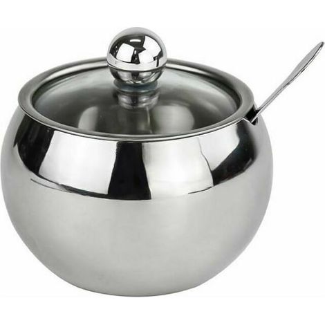 Zuckerdose aus Edelstahl mit Klarglasdeckel und Löffel, Gewürzglas für gesalzenen Zuckertee
