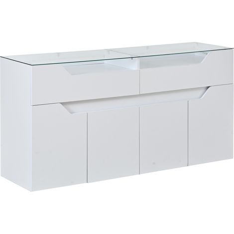 Aparador blanco 140x40x70 cm en MDF con sobre de vidrio templado y 2 cajones (1/5)