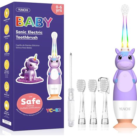 Brosse à dents électrique pour bébé 0-3-6 ans - Brosse à dents pour tout-petits avec minuteur, lumière LED arc-en-ciel colorée, 4 têtes souples, alimentée par piles, pour filles, garçons, enfants (1/5)