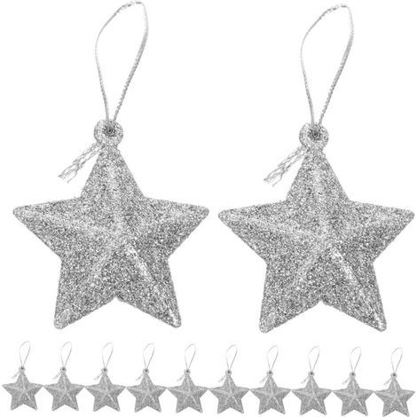 Set di 12 decorazioni natalizie a forma di stella argentata per albero di Natale, ideali da appendere in casa, in giardino e per le feste di Natale. (1/4)