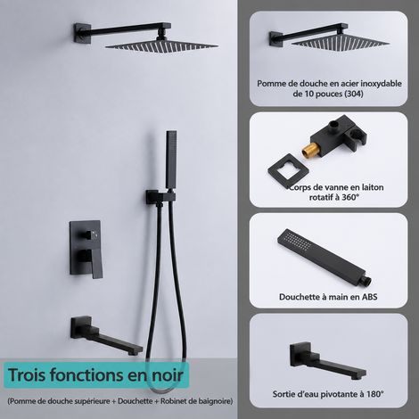 Ensemble de douche encastré noir carré 3 fonctions avec pommeau de tête 10 en acier inoxydable 4 g – Livraison gratuite