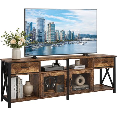 Relaxdays TV Lowboard, HxWxD: 60 x 180 x 40 cm, 2 drawers, 4 compartments, industrial style, TV stand, brown/black (1/5)