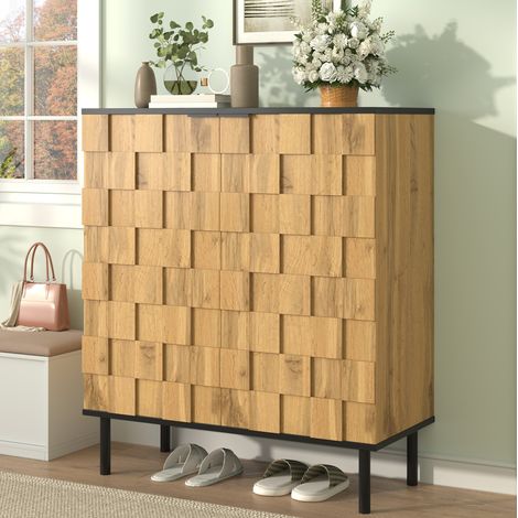 Meuble à chaussures 80x35x91.5 cm naturel en panneau de particules avec portes mosaïque et étagères réglables (1/5)