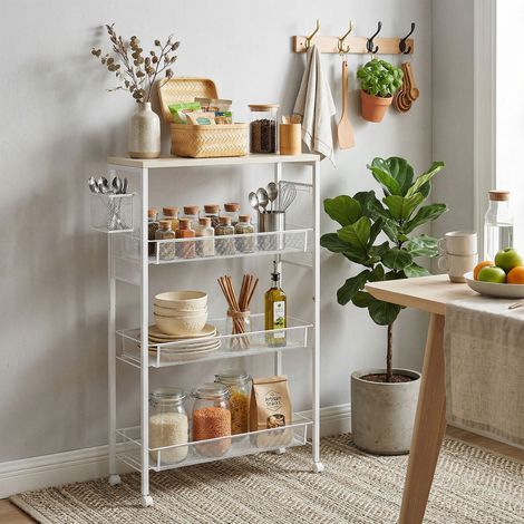 Carrito de cocina con ruedas, carrito de almacenamiento de 3 cestas, 1 cesta colgante y ganchos, 58 x 18,5 x 87 cm, blanco