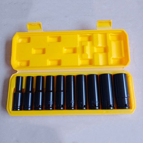 Jeu de 10 douilles pneumatiques 1/2" en acier au chrome-vanadium, 6 pans, pour clé dynamométrique électrique, boîte jaune (1/4)