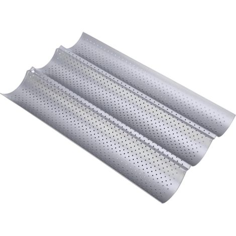 Moule à baguette antiadhésif pour 3 pains, plaque perforée 38x24,5x2,4 cm argent.