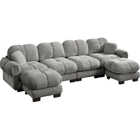 Divano modulare angolare a U 4 posti in ciniglia grigio chiaro con 2 pouf mobili (1/5)