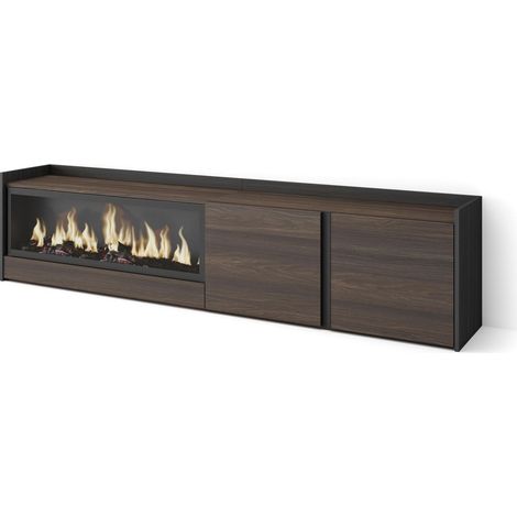 Skraut Home - Mobile TV Soggiorno, Ampio spazio a disposizione, 212x35x50cm, Per TV fino a 80", Camino elettrico XXL, Stile moderno, Rovere scuro e Nero (1/5)