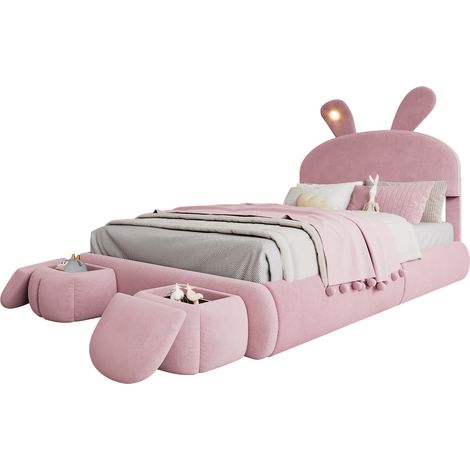 Cama Infantil con Arcón 140 x 200 cm de Terciopelo con Cabecero de Conejo, Taburete de Almacenamiento Redondo, LED, sin Colchón, Rosa (1/5)
