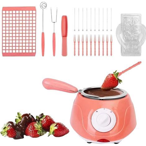 Ensemble de fondue électrique en plastique avec plateaux et fourchettes à tremper pour faire fondre des bonbons (norme britannique, rose) (1/5)