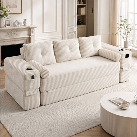 Sofá cama 232/98/80 cm de pana beige, modular con portavasos y bolsillos laterales (1/5)