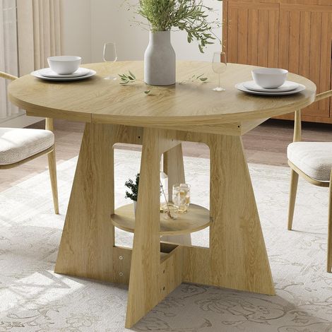 Table à Manger Ronde 120cm pour 4-6 Personnes avec Étagère de Rangement, Plateau MDF Épais 3cm, Pieds en Croix Stables,Naturel (1/5)