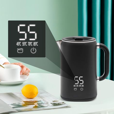 Bouilloire électrique en acier inoxydable 1700 ml avec indicateur de contrôle, base pirouette et réglage de la température, sans BPA, 1500 W, pour voyages d'affaires, voyages, bureaux,