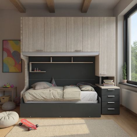 Cameretta a ponte con letto estraibile e spazio intelligente - Rovere rock
