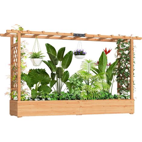 Bac à fleurs surélevé bois massif 200x44x113cm, jardinière avec treillis latéral et supérieur, grand pot de jardin avec drainage, support plante extérieur (1/5)