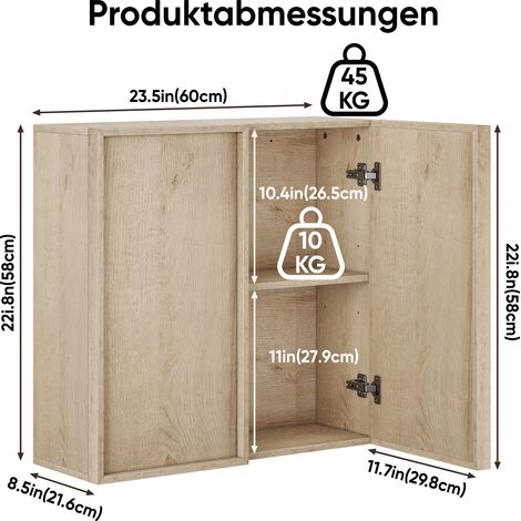 Meuble-lavabo de salle de bain, style armoire à pharmacie à double porte, sans poignée, fixé au mur, convient aux salles de bain, toilettes et couloirs, placage chêne. (1/5)
