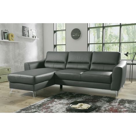 - Canapé d'angle convertible en cuir italien de luxe 5 places SANTORIN, avec coffre, gris foncé, angle gauche (1/5)