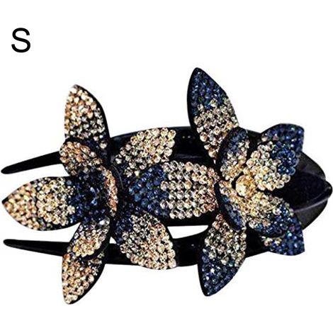 Pince à cheveux strass bec de canard fleurs scintillantes barrette double coiffure femme fille bleu nuit champagne (1/5)