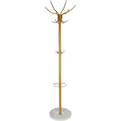 Relaxdays Garderobenständer mit Schirmständer, 16 Haken, H x D: 176,5 x 36,5 cm, Marmorfuß, Standgarderobe, gold/weiß