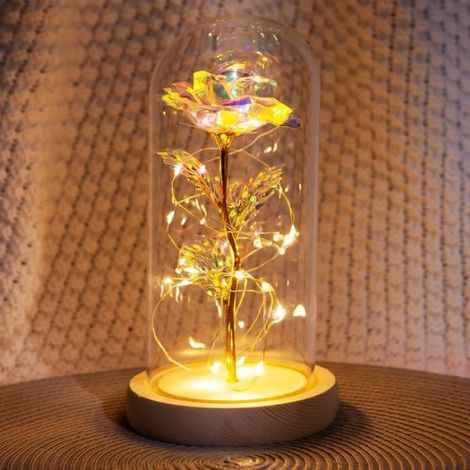 Lampe Fleur Rose - La Belle et la Bête - Rose Éternelle - Verre et Bois - Lumière Blanche Chaude - 11,4 cm (1/4)