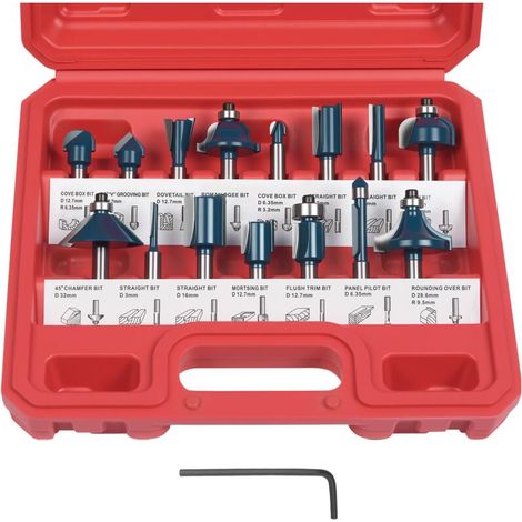 Fraises Defonceuse 6.35mm, Coffret de 15 Fraises Tige de 6.35mm 1/4", Coupe-outils pour Travail Bois à Pointe en Carbure de Tungstène, Tige Forets en Acier Forgé