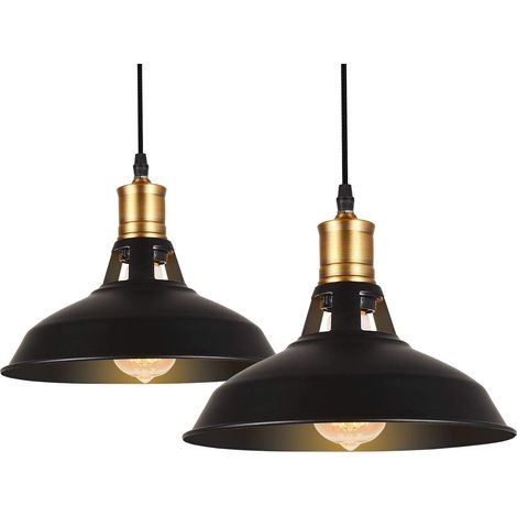 2 Pièces Métal Retro Suspensions Luminaires Industriel Simplicité Suspension, Plafonnier Suspension avec Abat-jour en Métal Stye Nordique Pour Restaurants Cafés, Sans Ampoule,Noir,270mm (1/4)