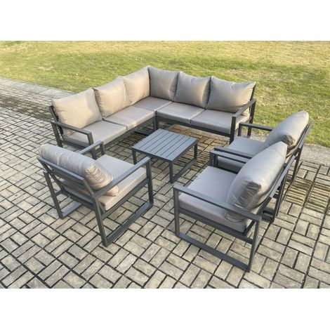 Fimous 8 Seater Outdoor Aluminium Garden Furniture Set Corner Lounge Sofa Set with Square Coffee Table Chair Dark Grey (1/5)