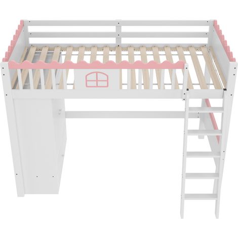 Cama alta infantil 90x200 cm con LED, armario y cajón, pino y MDF, blanca (1/5)