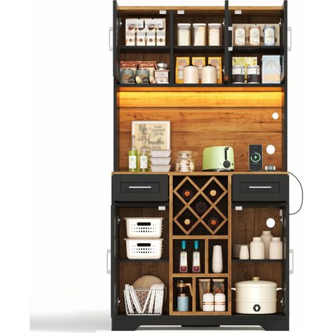 Buffet haut de cuisine Noir,meuble moderne avec LED,avec 2 tiroirs,plan de travail,prise avec USB,105x40x180cm (1/5)