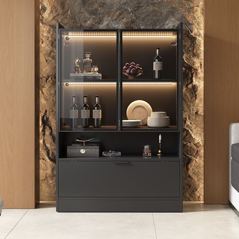 Vitrina led para salón - 80x35x120 cm - armario de pie con puertas de cristal templado y puerta abatible - estilo moderno de madera - negro mate (1/5)