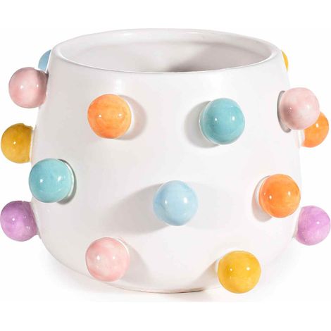 Vasetti in ceramica bianchi con decorazioni a pompon colorati in rilievo, set da 2 pezzi, Ø 18,5 cm x 12 H