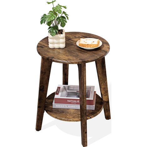 Petite table d'appoint ronde en bois avec étagère inférieure, table de chevet moderne pour petits espaces, salon, chambre à coucher, marron rétro (1/5)