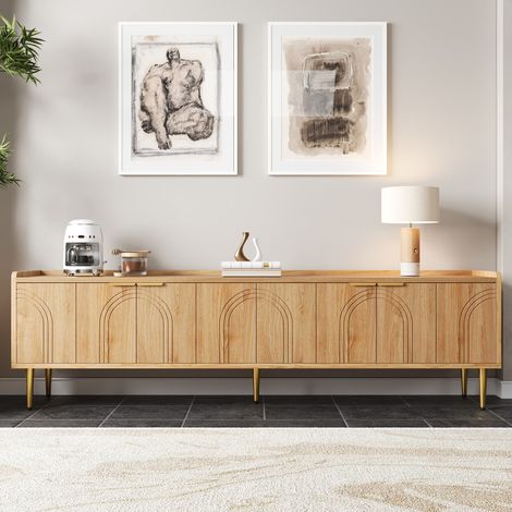 Meuble TV 170 cm effet bois naturel, portes texturées 3D, poignées et pieds métal doré, rangements et passe-câbles (1/5)