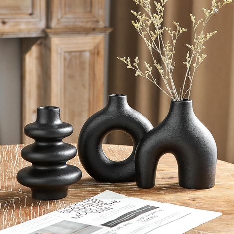 Ensemble de trois vases en céramique noire, style bohème moderne, adapté à la décoration de la maison, adapté à l'herbe de la pampa, forme ronde (1/5)