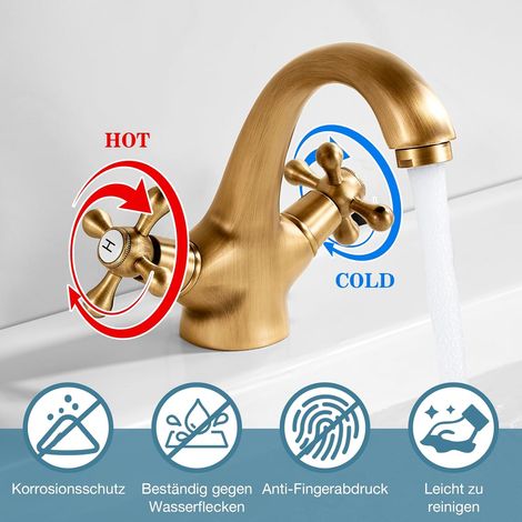 Double commande doré pour lavabo – Réglage eau chaude/froide, raccord G3/8 – Robinet rétro mural (1/5)
