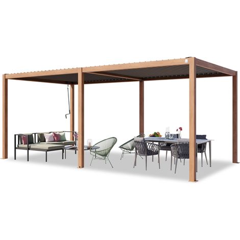 PRIMEYARD Pergola 3x6 m Aluminium-Pfosten in Holzoptik mit Lamellendach aus Stahl Terrassenüberdachung (1/5)