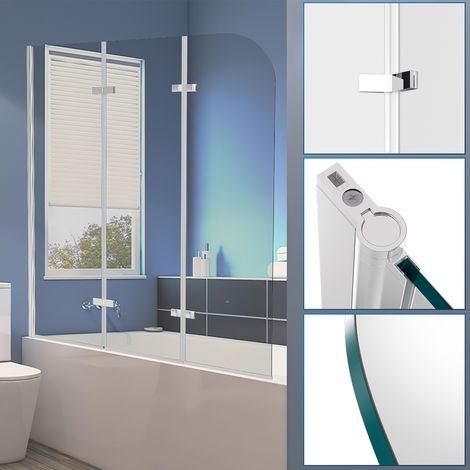 TolleTour Duschwand Badewanne 120 x 140 cm, 3-teilig faltbare Badewannenfaltwand, Badewannenaufsatz aus 6 mm ESG Sicherheitsglas, 180° schwenkbar, Silber Transparent (1/5)