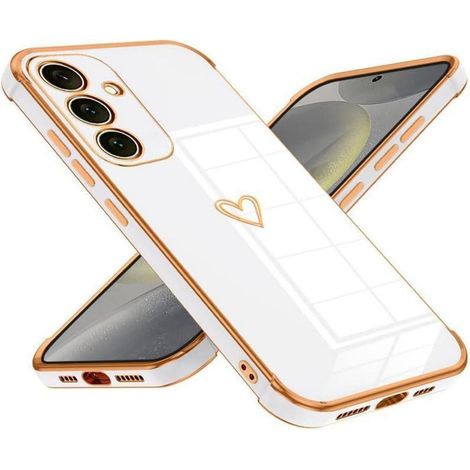 Coque pour Samsung Galaxy S24, motif cœur, galvanisée, protection caméra, TPU souple, blanc (1/5)
